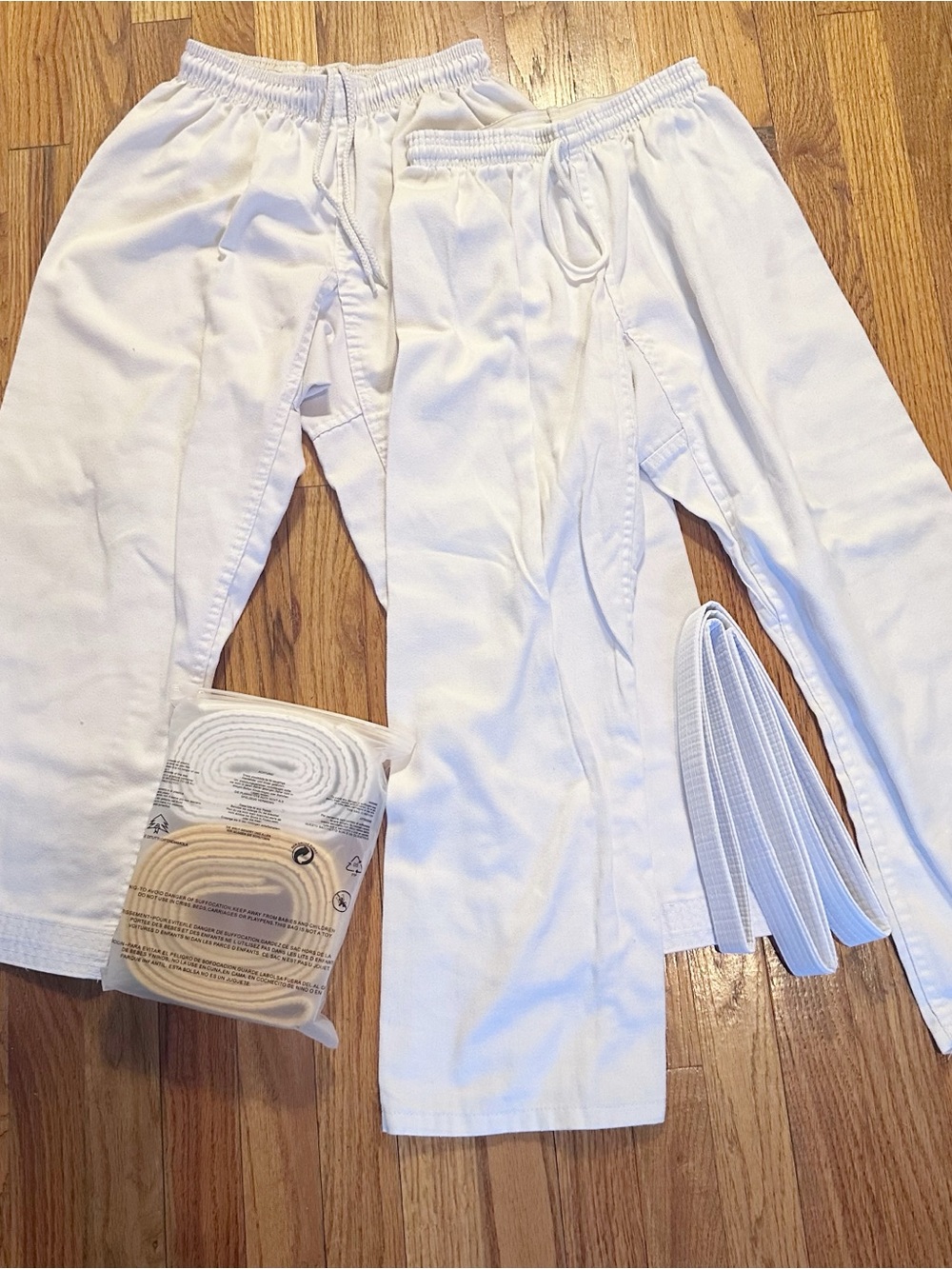 Set of Two Unisex White Karate Gi Pants with Belts